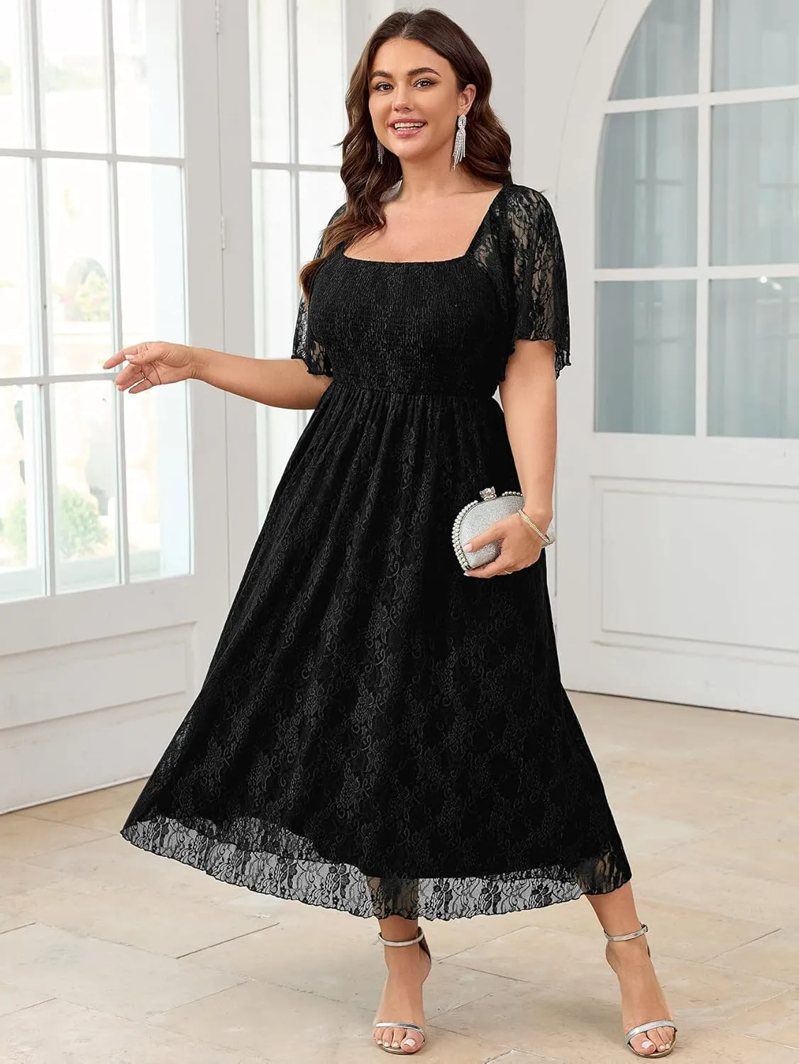 SCOMCHIC Women's Plus Size Wedding Guest Dress Formal Lace Square Neck Short Sleeve Smocked Flowy Cocktail Maxi Dresses