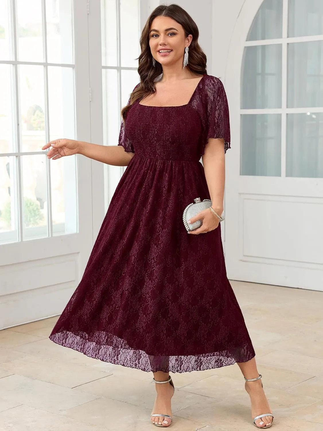 SCOMCHIC Women's Plus Size Wedding Guest Dress Formal Lace Square Neck Short Sleeve Smocked Flowy Cocktail Maxi Dresses