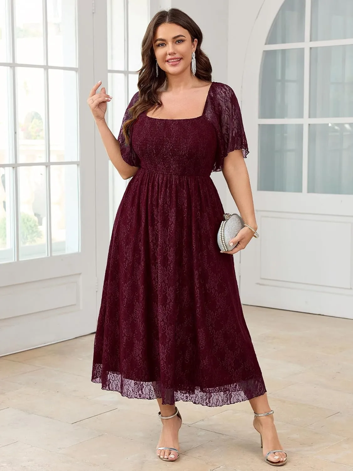 SCOMCHIC Women's Plus Size Wedding Guest Dress Formal Lace Square Neck Short Sleeve Smocked Flowy Cocktail Maxi Dresses
