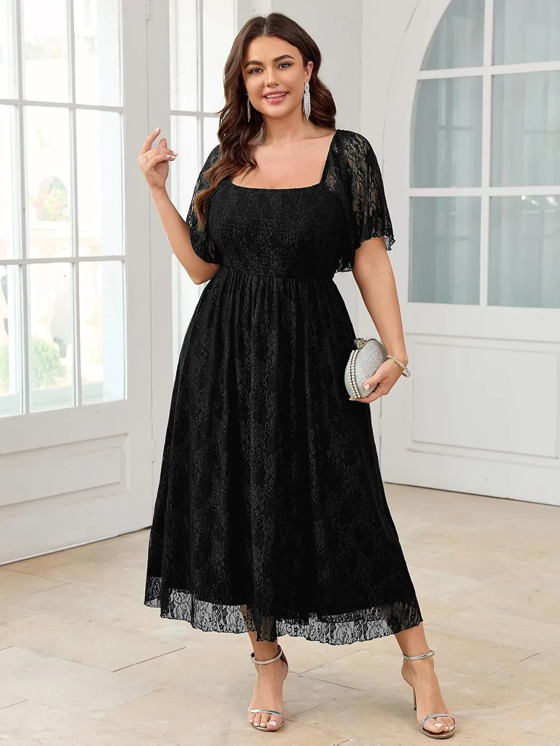 SCOMCHIC Women's Plus Size Wedding Guest Dress Formal Lace Square Neck Short Sleeve Smocked Flowy Cocktail Maxi Dresses