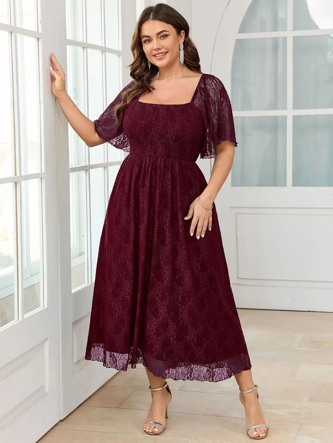SCOMCHIC Women's Plus Size Wedding Guest Dress Formal Lace Square Neck Short Sleeve Smocked Flowy Cocktail Maxi Dresses