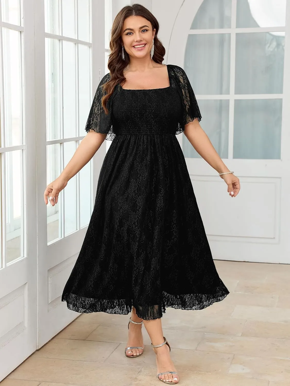 SCOMCHIC Women's Plus Size Wedding Guest Dress Formal Lace Square Neck Short Sleeve Smocked Flowy Cocktail Maxi Dresses