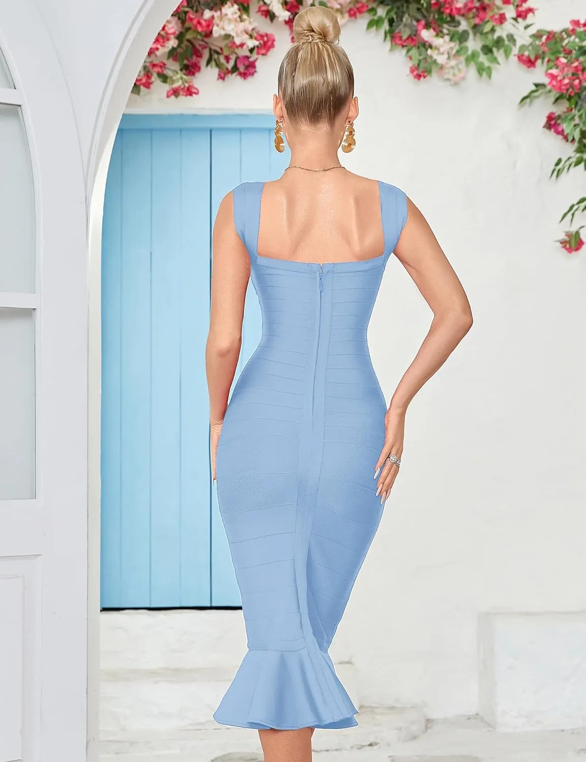 Shoulder Strap Sleeveless Fishtail Midi Bandage Dress for Women Bodycon Club Party Evening Dresses
