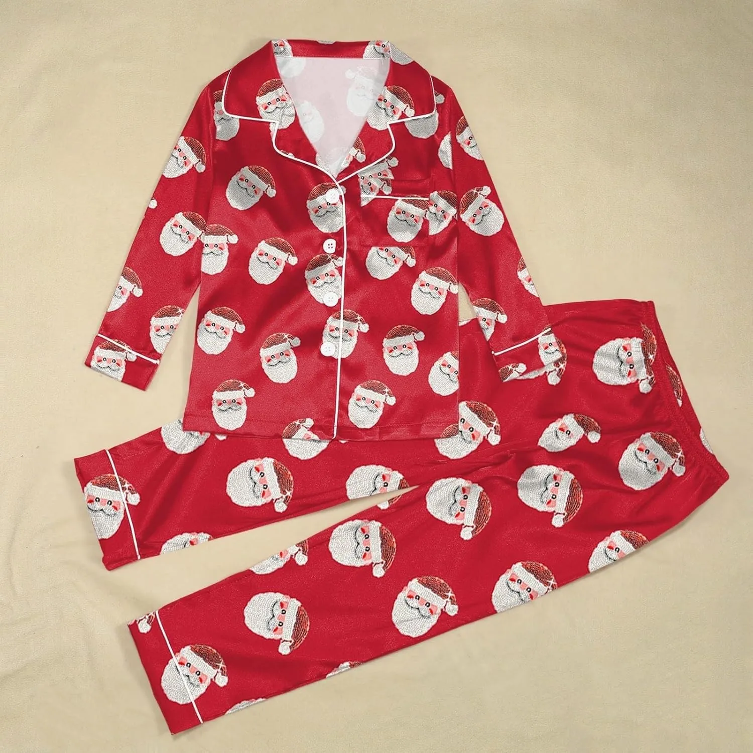 Silk Christmas Pajamas for Family 2024 Button Down Shirt and Pants Satin Xmas Pjs Matching Sets Sleepwear Jammies