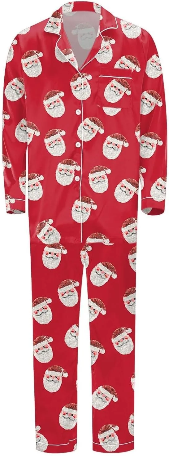 Silk Christmas Pajamas for Family 2024 Button Down Shirt and Pants Satin Xmas Pjs Matching Sets Sleepwear Jammies