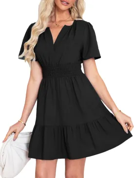 Simplee Women's Summer Beach Wedding Linen Mini Dress Casual Short Sleeve V Neck Empire Waist Flowy Boho Sundress