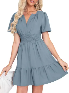 Simplee Women's Summer Beach Wedding Linen Mini Dress Casual Short Sleeve V Neck Empire Waist Flowy Boho Sundress