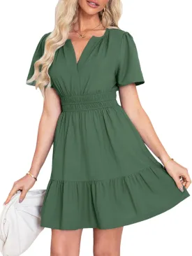 Simplee Women's Summer Beach Wedding Linen Mini Dress Casual Short Sleeve V Neck Empire Waist Flowy Boho Sundress
