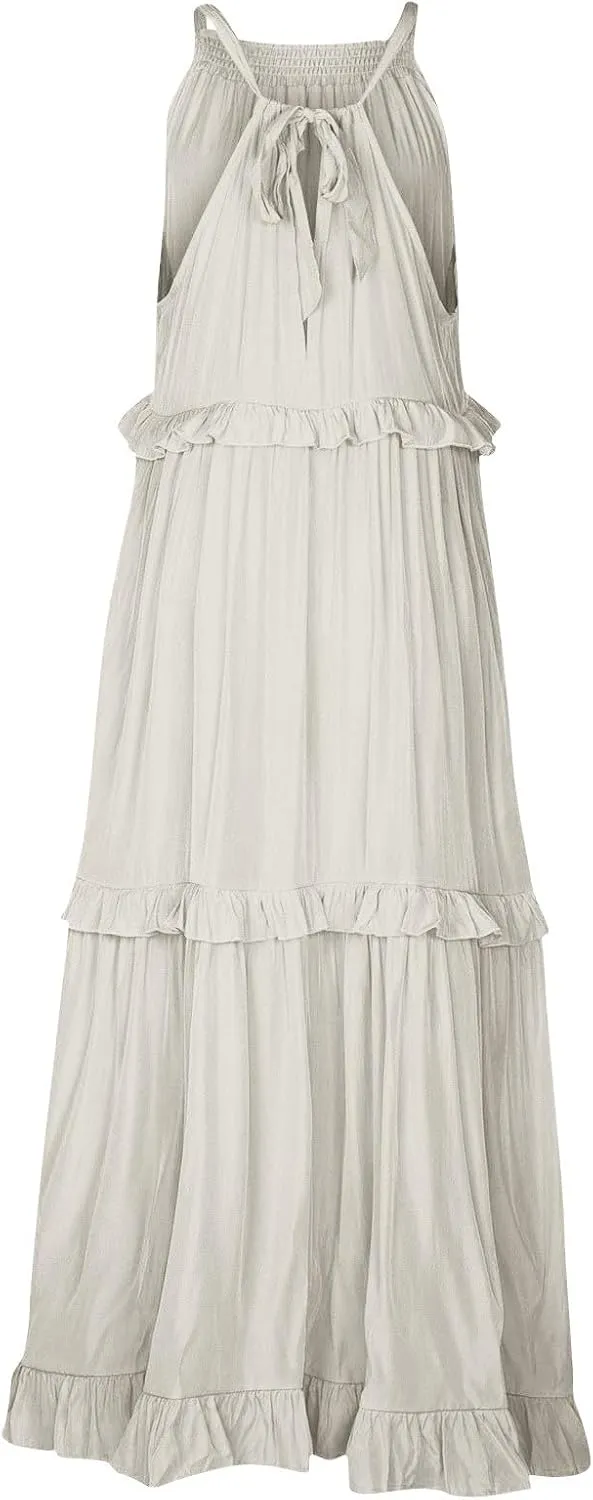 Smocked Dress Women Summer Sleeveless Tank Sundress Halter Tie Back Loose Flowy Ruffle Maxi Dresses with Pockets