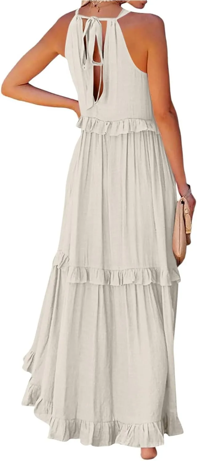 Smocked Dress Women Summer Sleeveless Tank Sundress Halter Tie Back Loose Flowy Ruffle Maxi Dresses with Pockets