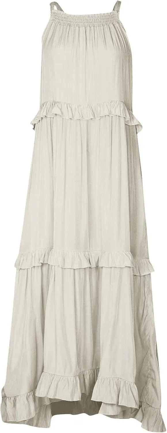 Smocked Dress Women Summer Sleeveless Tank Sundress Halter Tie Back Loose Flowy Ruffle Maxi Dresses with Pockets