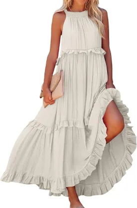 Smocked Dress Women Summer Sleeveless Tank Sundress Halter Tie Back Loose Flowy Ruffle Maxi Dresses with Pockets