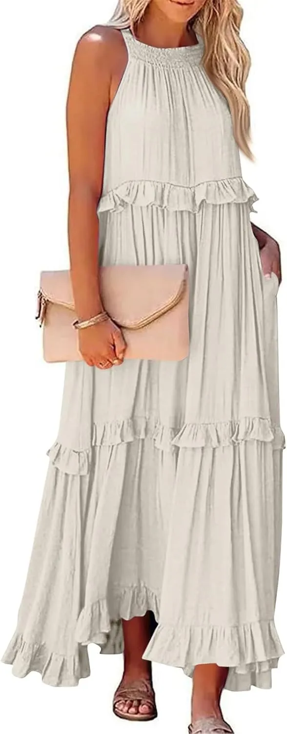 Smocked Dress Women Summer Sleeveless Tank Sundress Halter Tie Back Loose Flowy Ruffle Maxi Dresses with Pockets