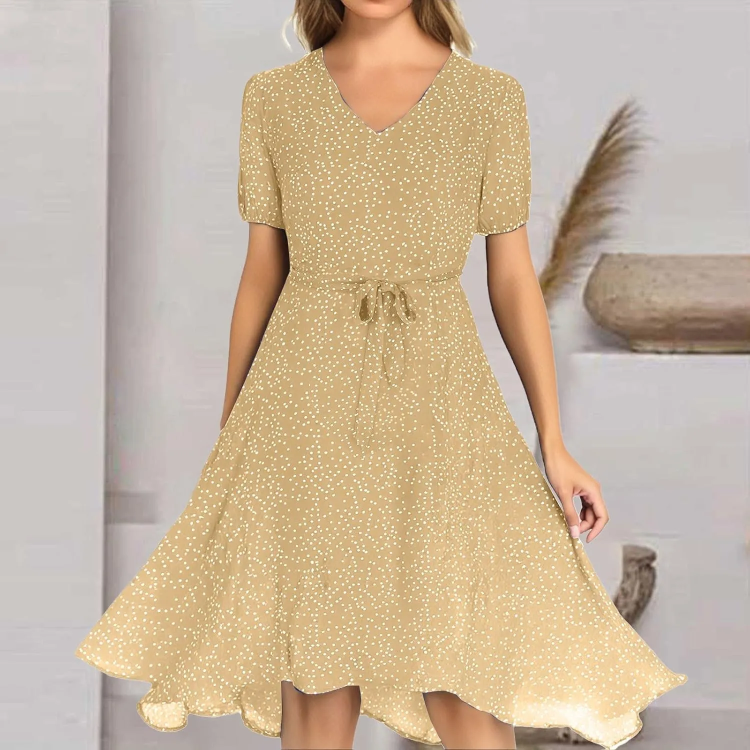 Summer Dresses for Women Floral Boho Dress Beach Casual Mid Length Dress Short Sleeve Flowy Elegant Midi Dresses