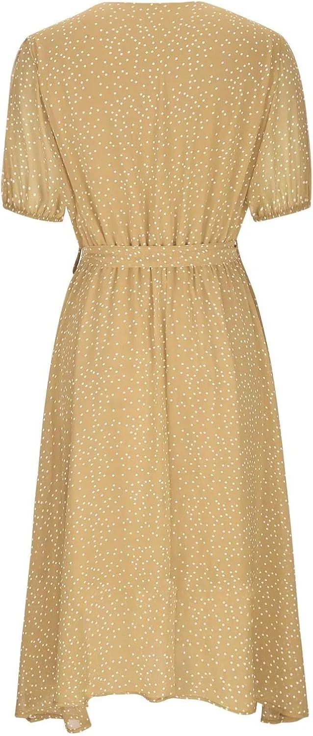 Summer Dresses for Women Floral Boho Dress Beach Casual Mid Length Dress Short Sleeve Flowy Elegant Midi Dresses