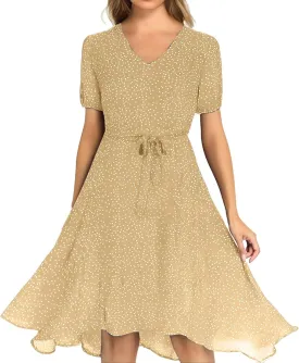 Summer Dresses for Women Floral Boho Dress Beach Casual Mid Length Dress Short Sleeve Flowy Elegant Midi Dresses