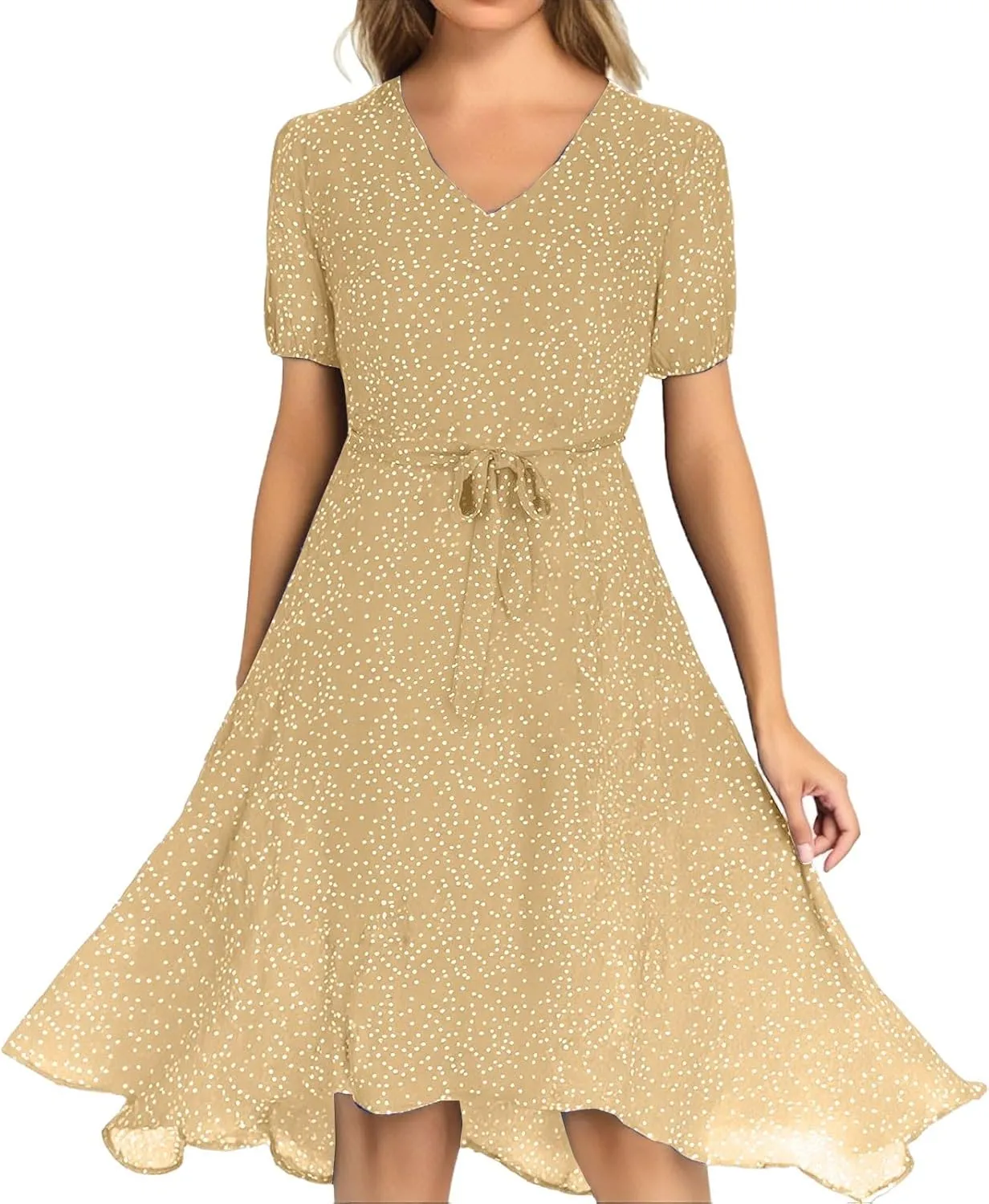 Summer Dresses for Women Floral Boho Dress Beach Casual Mid Length Dress Short Sleeve Flowy Elegant Midi Dresses