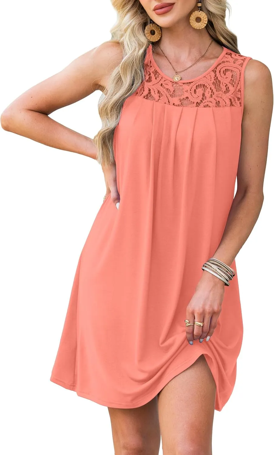 Summer Dresses for Women Sleeveless Lace Crewneck Sundress (S-3XL)