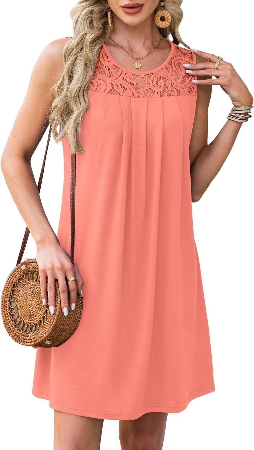 Summer Dresses for Women Sleeveless Lace Crewneck Sundress (S-3XL)