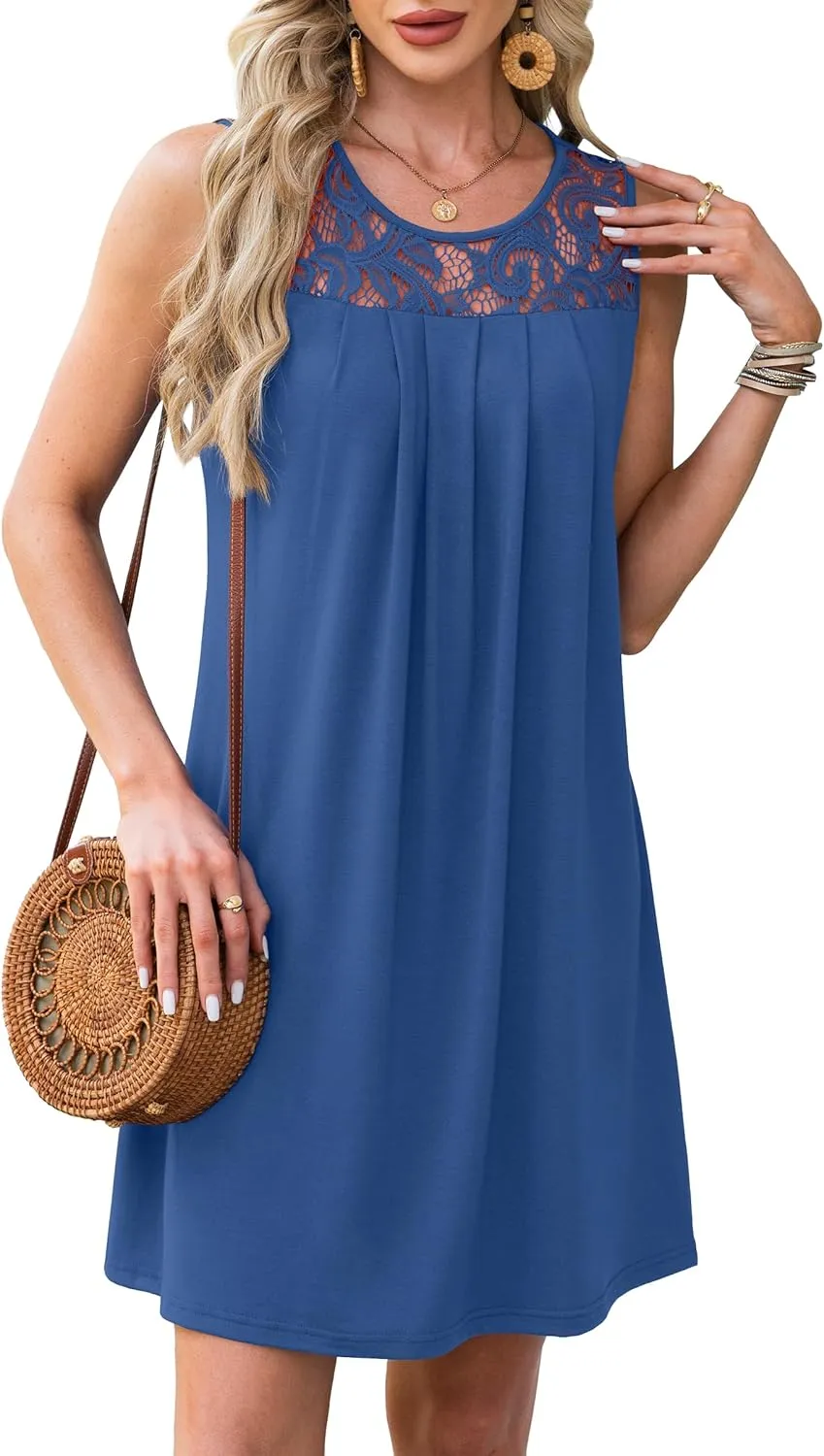 Summer Dresses for Women Sleeveless Lace Crewneck Sundress (S-3XL)