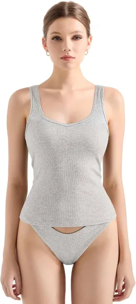SUUKSESS Women Cotton Ribbed Built in Bra Tank Tops Summer Casual Basic Top