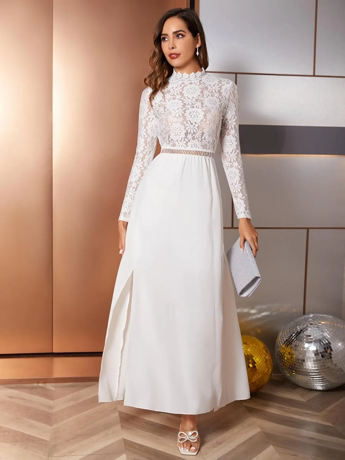 SweatyRocks Women's Sexy Sheer Lace Long Sleeve Split Maxi Cocktail Long Party Dresses
