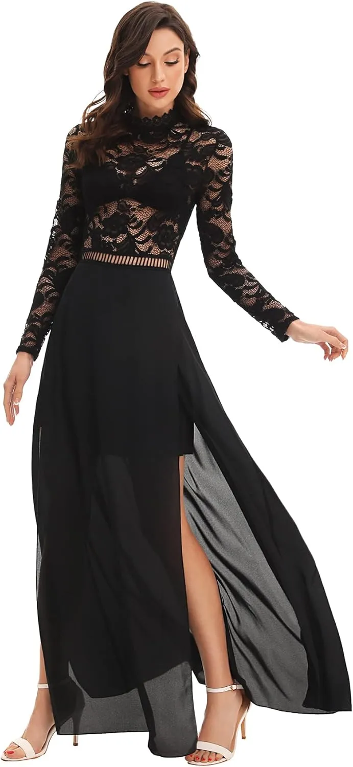 SweatyRocks Women's Sexy Sheer Lace Long Sleeve Split Maxi Cocktail Long Party Dresses