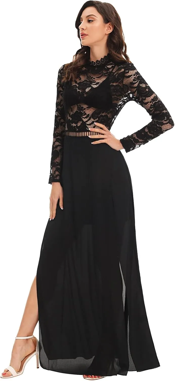 SweatyRocks Women's Sexy Sheer Lace Long Sleeve Split Maxi Cocktail Long Party Dresses