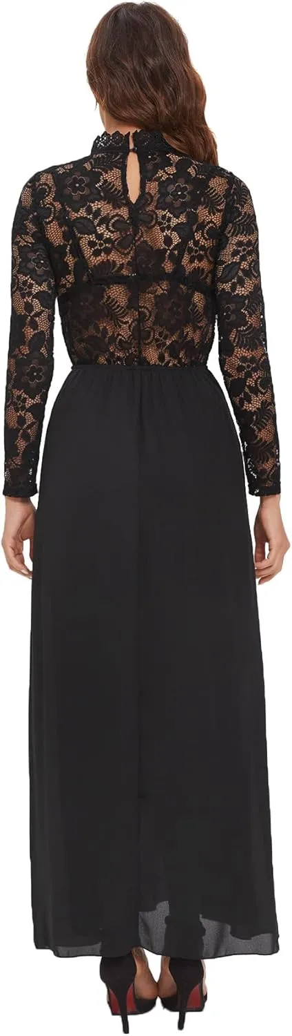 SweatyRocks Women's Sexy Sheer Lace Long Sleeve Split Maxi Cocktail Long Party Dresses