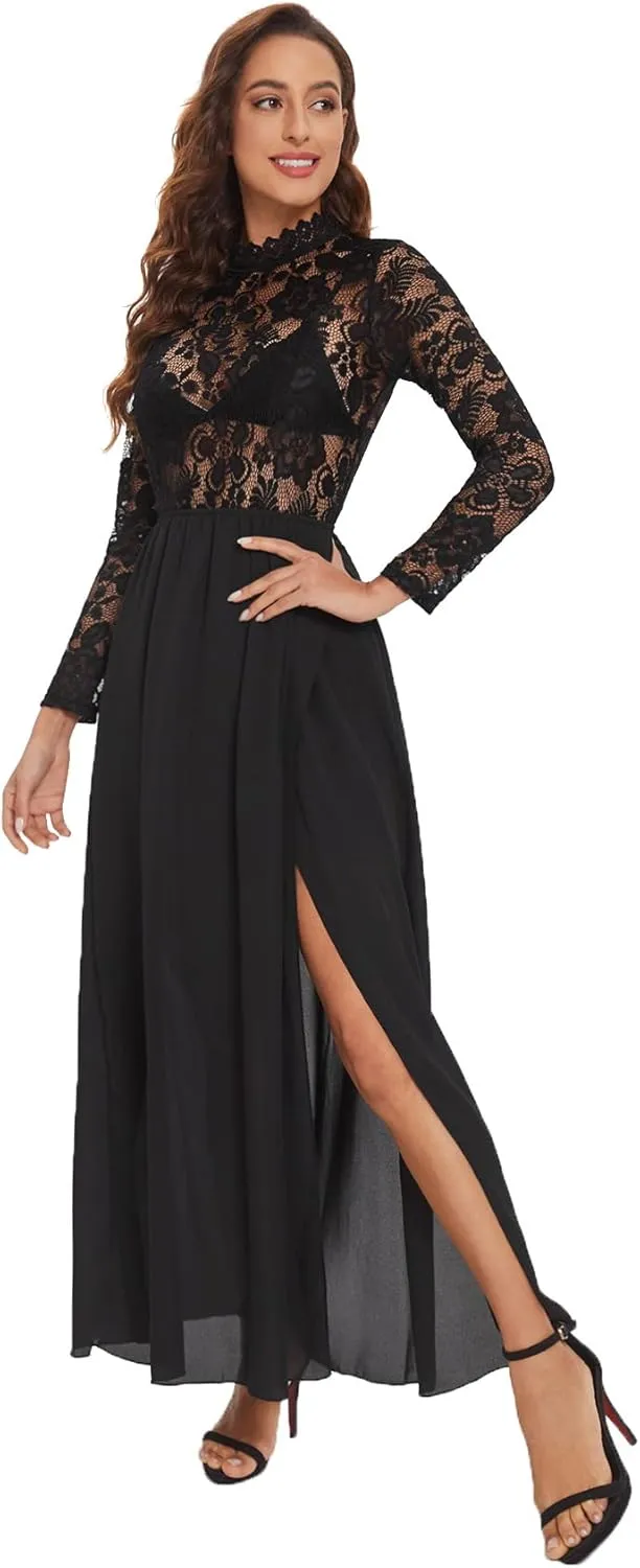 SweatyRocks Women's Sexy Sheer Lace Long Sleeve Split Maxi Cocktail Long Party Dresses