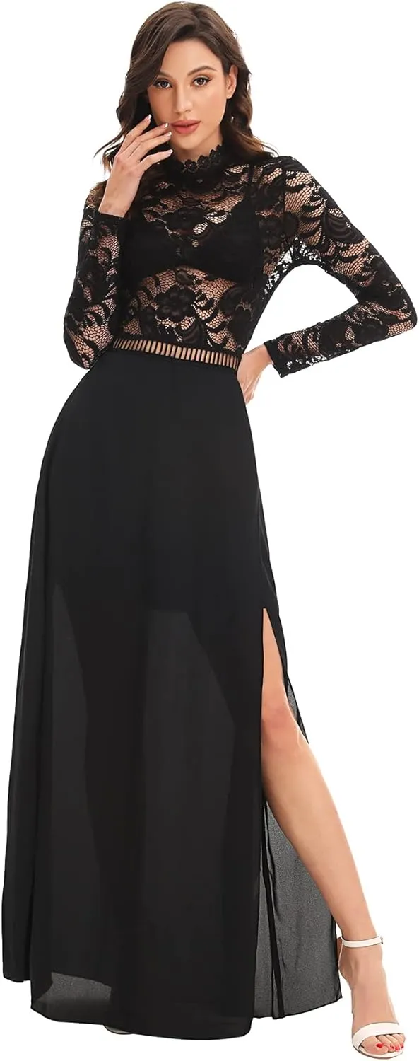 SweatyRocks Women's Sexy Sheer Lace Long Sleeve Split Maxi Cocktail Long Party Dresses