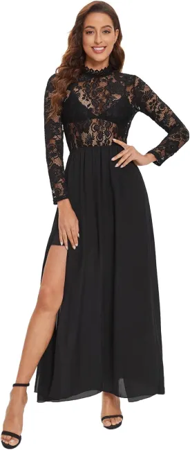 SweatyRocks Women's Sexy Sheer Lace Long Sleeve Split Maxi Cocktail Long Party Dresses