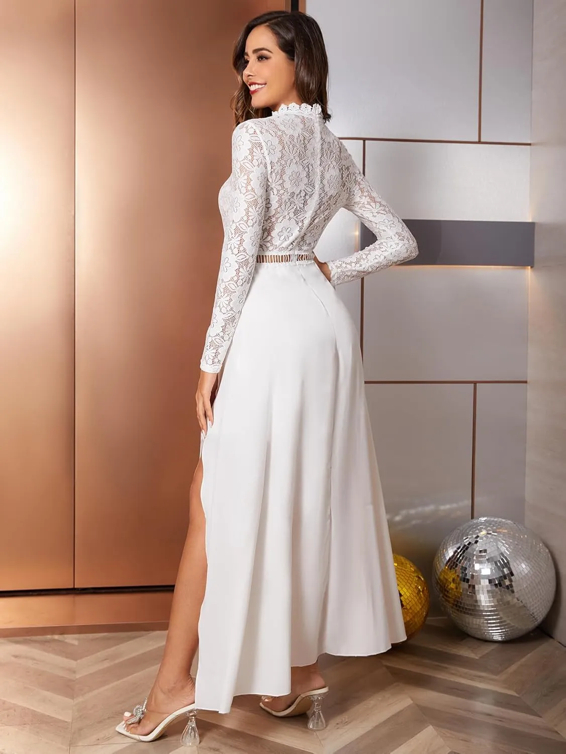 SweatyRocks Women's Sexy Sheer Lace Long Sleeve Split Maxi Cocktail Long Party Dresses