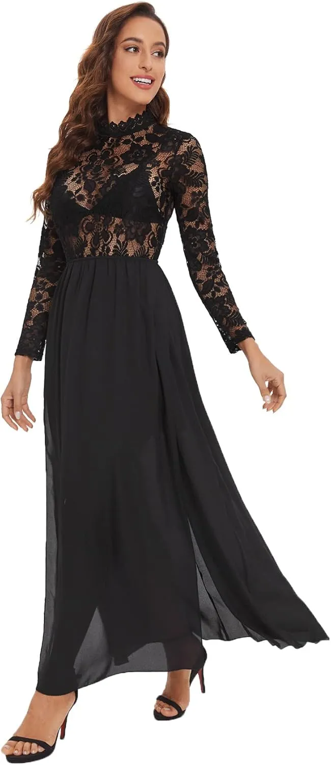 SweatyRocks Women's Sexy Sheer Lace Long Sleeve Split Maxi Cocktail Long Party Dresses
