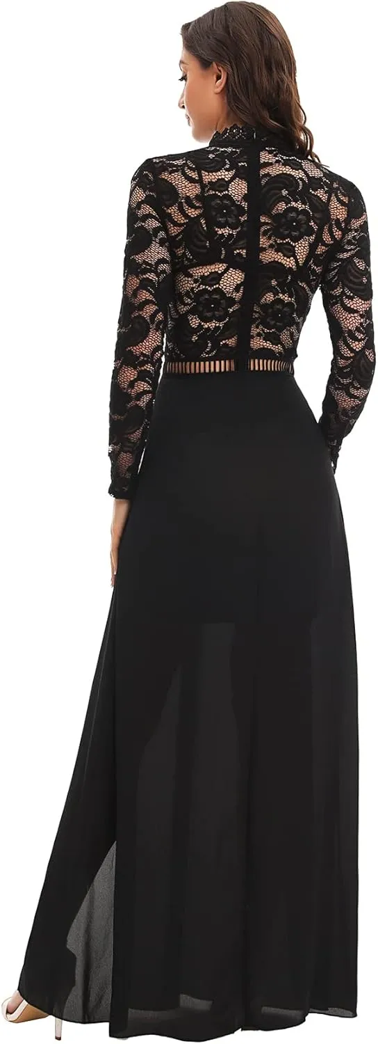 SweatyRocks Women's Sexy Sheer Lace Long Sleeve Split Maxi Cocktail Long Party Dresses