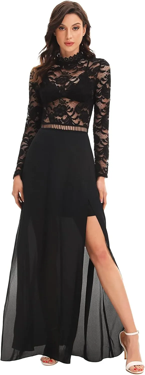 SweatyRocks Women's Sexy Sheer Lace Long Sleeve Split Maxi Cocktail Long Party Dresses