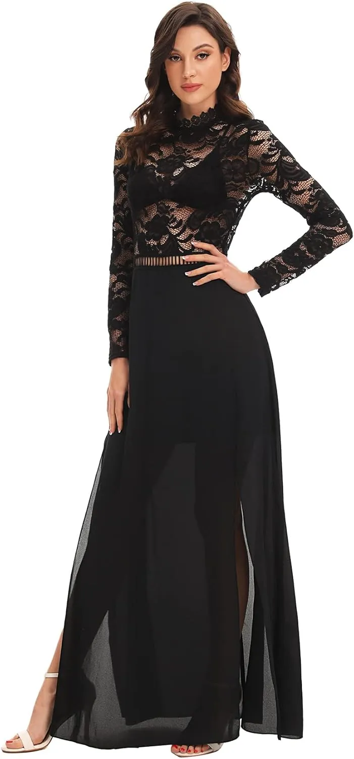 SweatyRocks Women's Sexy Sheer Lace Long Sleeve Split Maxi Cocktail Long Party Dresses