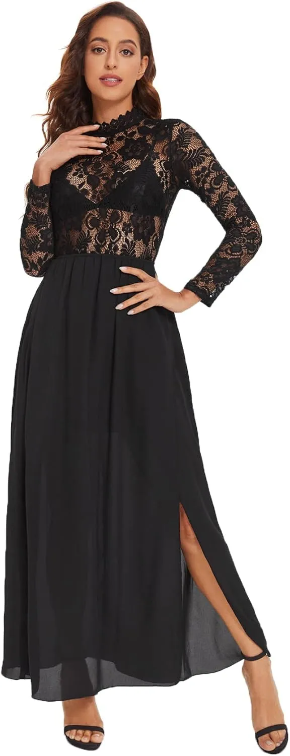 SweatyRocks Women's Sexy Sheer Lace Long Sleeve Split Maxi Cocktail Long Party Dresses