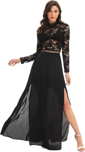 SweatyRocks Women's Sexy Sheer Lace Long Sleeve Split Maxi Cocktail Long Party Dresses