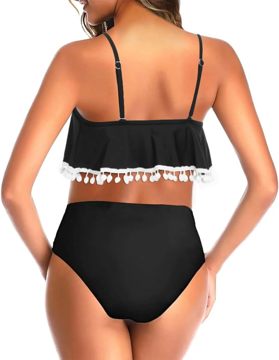 Tempt Me Women Two Piece High Waisted Bikini Set Ruffle Swimsuit Flounce Pom Pom Trim Bathing Suit