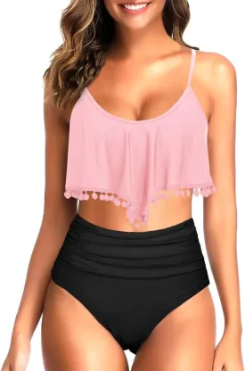 Tempt Me Women Two Piece High Waisted Bikini Set Ruffle Swimsuit Flounce Pom Pom Trim Bathing Suit