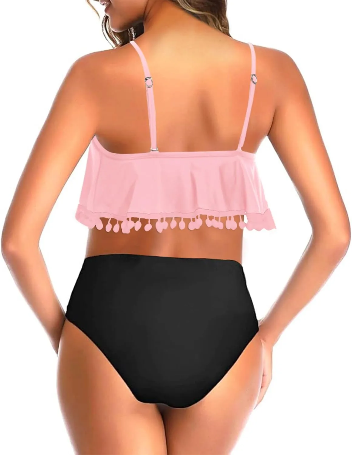 Tempt Me Women Two Piece High Waisted Bikini Set Ruffle Swimsuit Flounce Pom Pom Trim Bathing Suit