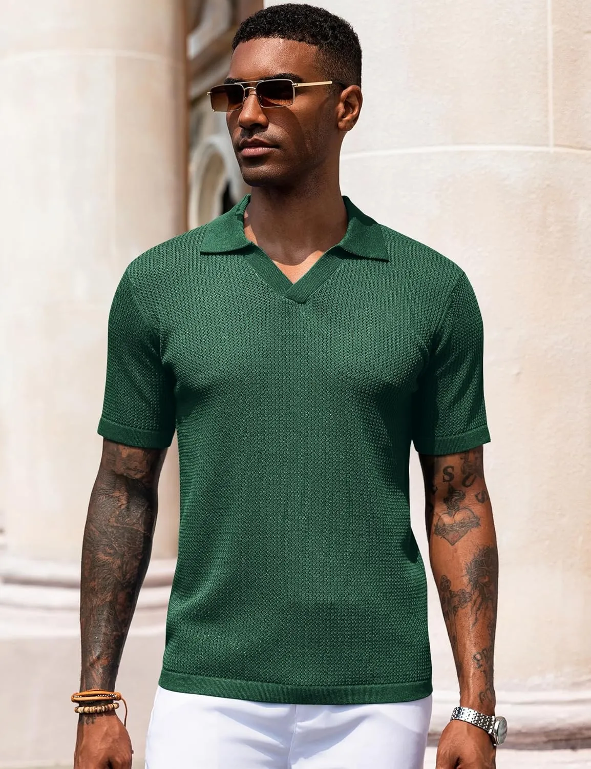 URRU Mens Polo Shirt Summer Casual Short Sleeve Hollow Out Shirts V Neck Lightweight Knitted Mesh Polo Shirt