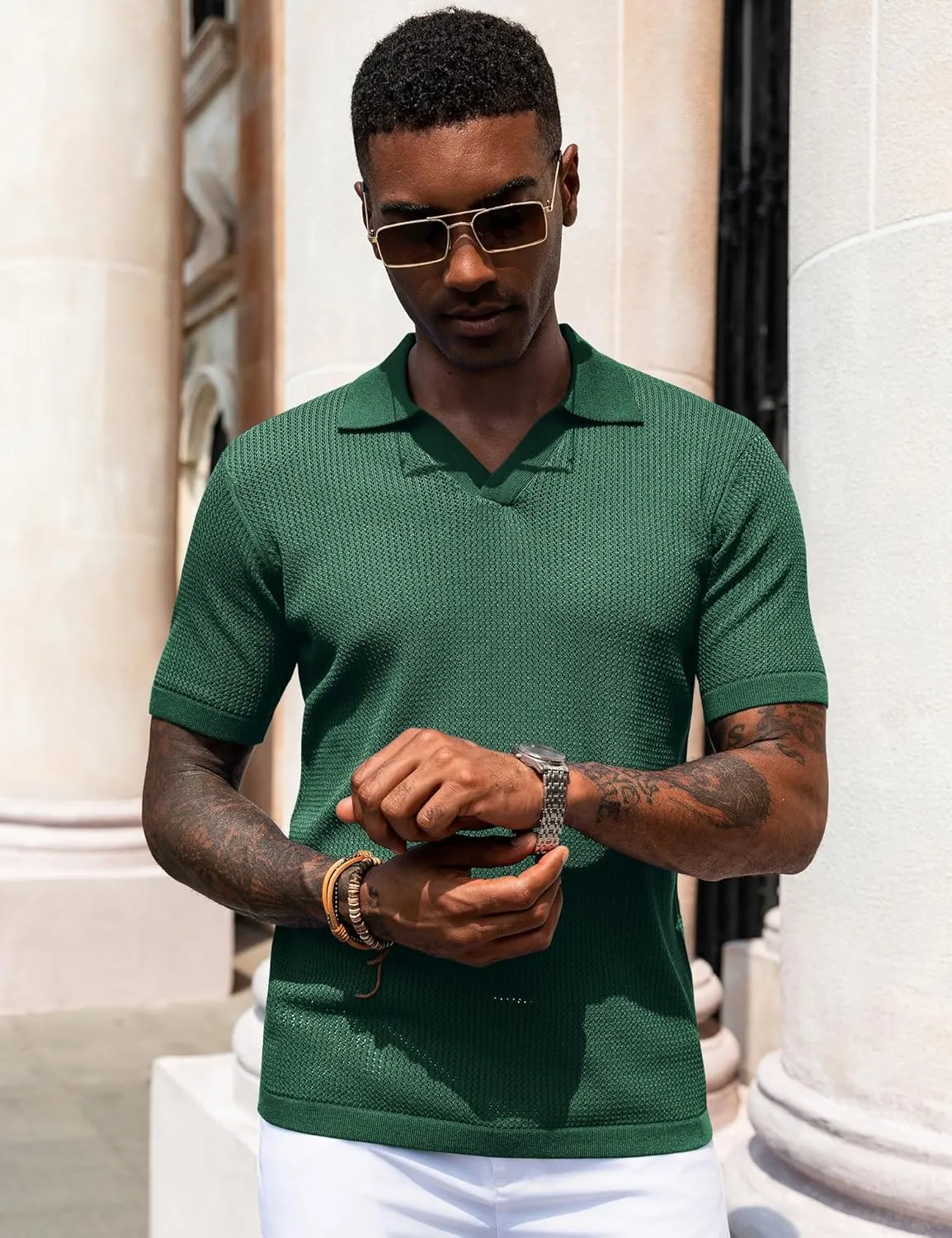 URRU Mens Polo Shirt Summer Casual Short Sleeve Hollow Out Shirts V Neck Lightweight Knitted Mesh Polo Shirt