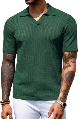 URRU Mens Polo Shirt Summer Casual Short Sleeve Hollow Out Shirts V Neck Lightweight Knitted Mesh Polo Shirt