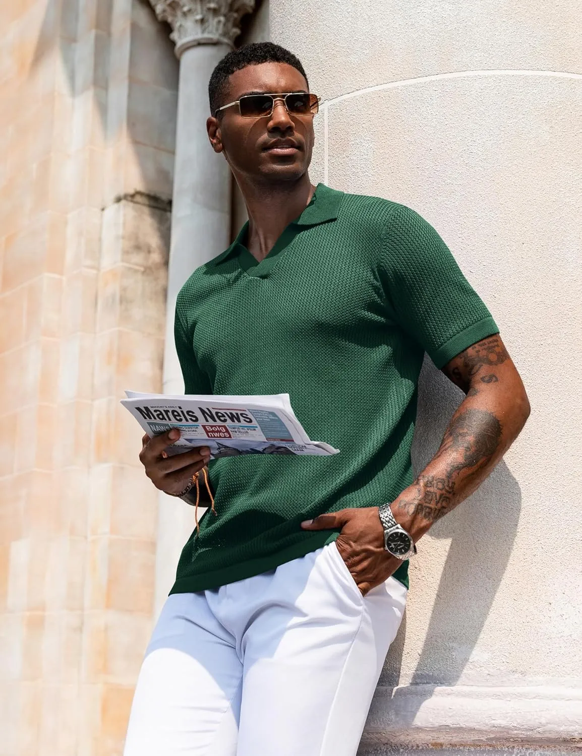 URRU Mens Polo Shirt Summer Casual Short Sleeve Hollow Out Shirts V Neck Lightweight Knitted Mesh Polo Shirt