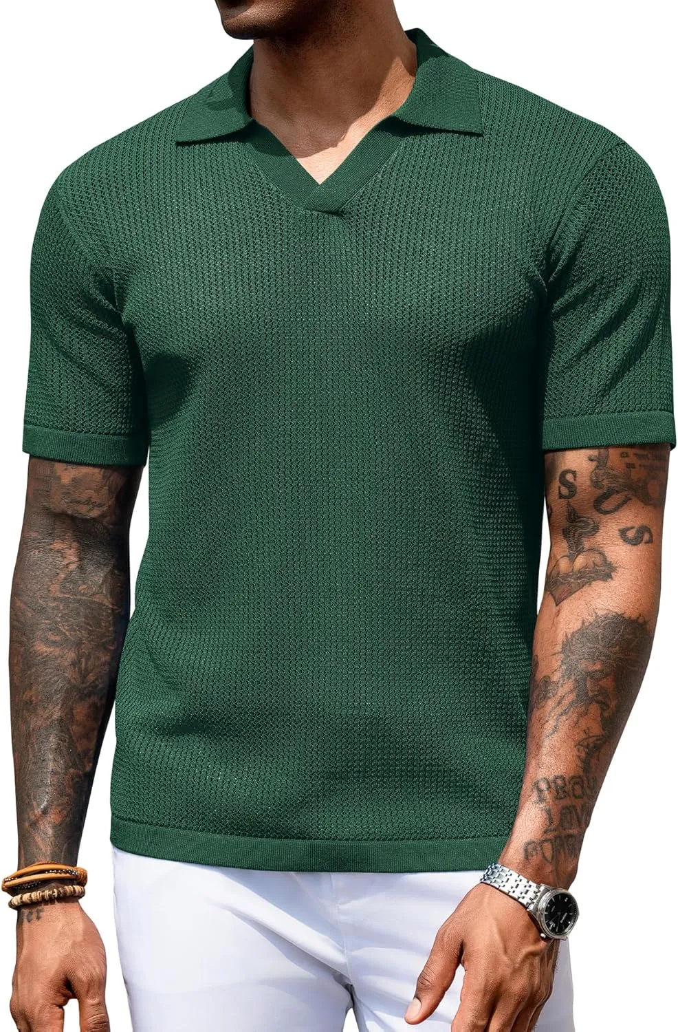 URRU Mens Polo Shirt Summer Casual Short Sleeve Hollow Out Shirts V Neck Lightweight Knitted Mesh Polo Shirt