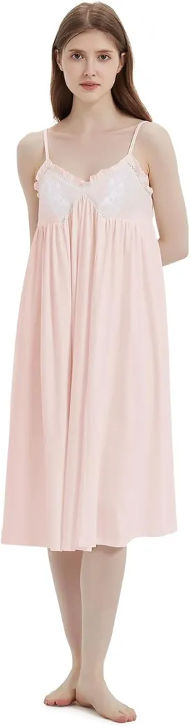 VALITY Women's Nightgown Sleeveless Cotton Sleep Dress Lace Spaghetti Strap Sleepshirts Victorian Sleepwear, Pink, Tagsize 2XL=USsize XL