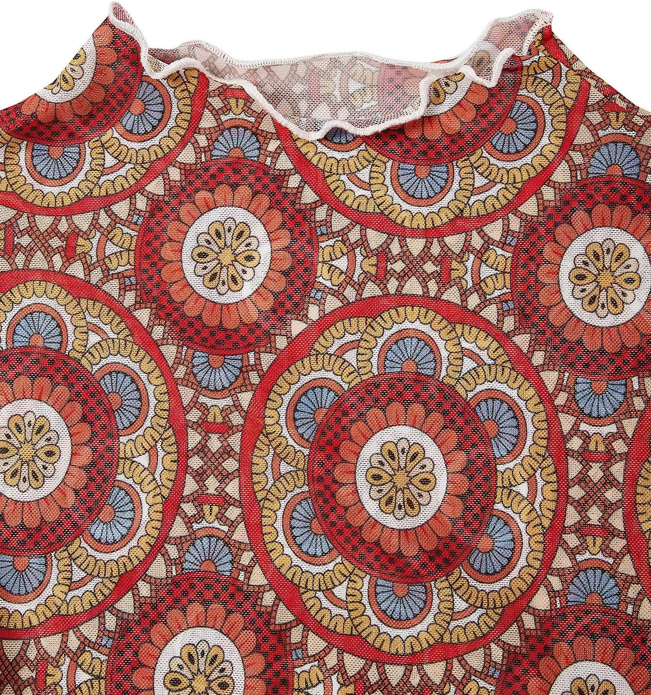 Verdusa Women's Bell Sleeve Lettuce Trim Mock Neck Floral Mesh Top Crop T Shirt