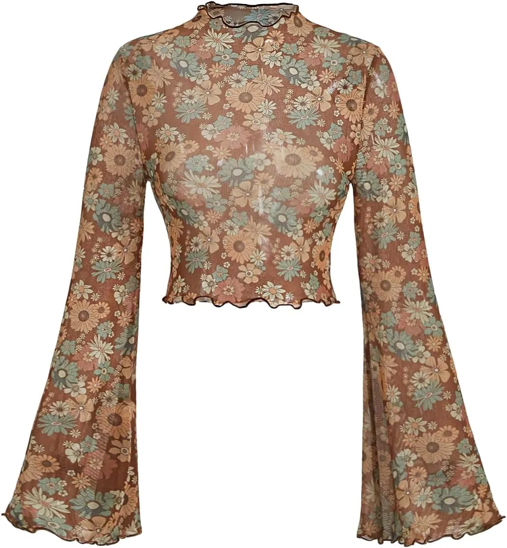 Verdusa Women's Bell Sleeve Lettuce Trim Mock Neck Floral Mesh Top Crop T Shirt